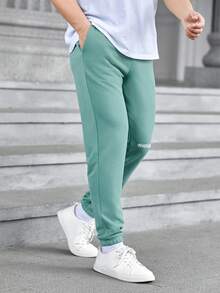 GENTILAND 男士打結腰帶運動長褲,印花文字圖案設計 - 綠色 - 查看 3