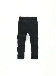 Young Boy Elastic Waist Cargo Jeans - Black - View 2