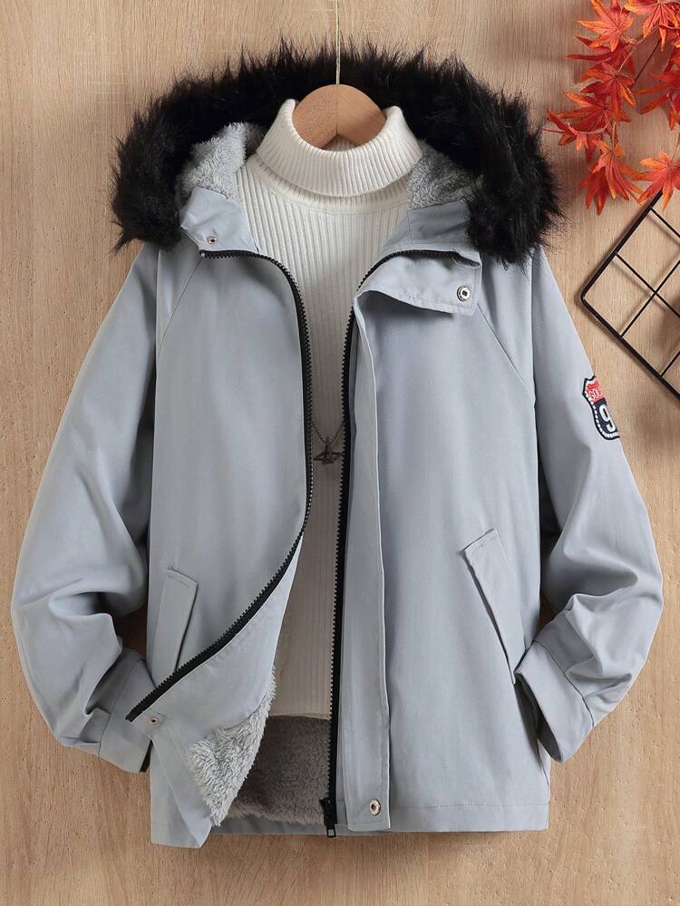 Tween Boy 1pc Letter Patch Detail Fuzzy Trim Hooded Coat