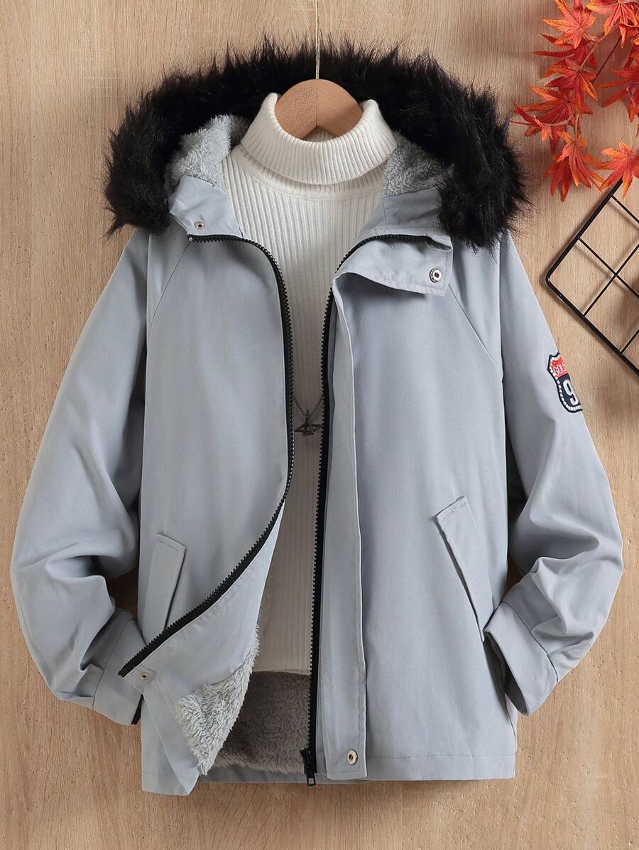 SHEIN Adolescent Garçon 1 pièce Manteau À Capuche À Applique Lettre À Ourlet Duveteux