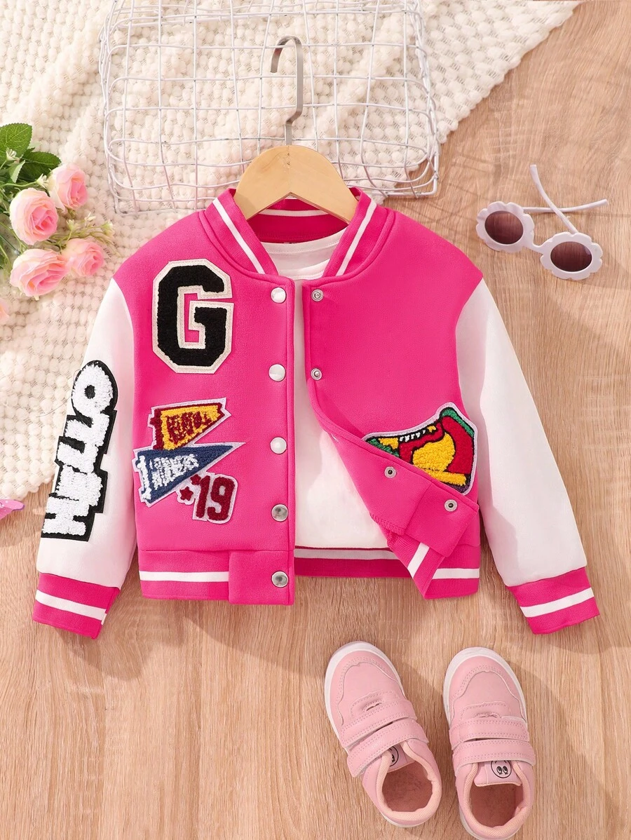 SHEIN Cô Gái Trẻ Thư được vá Khối màu Áo khoác Đại học Without Tee - Màu Hồng Tươi - Xem 1
