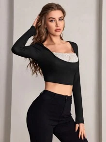 SHEIN Privé Contrast Mesh Ruched Bust Crop Tee, Going Out Top - Black - View 3