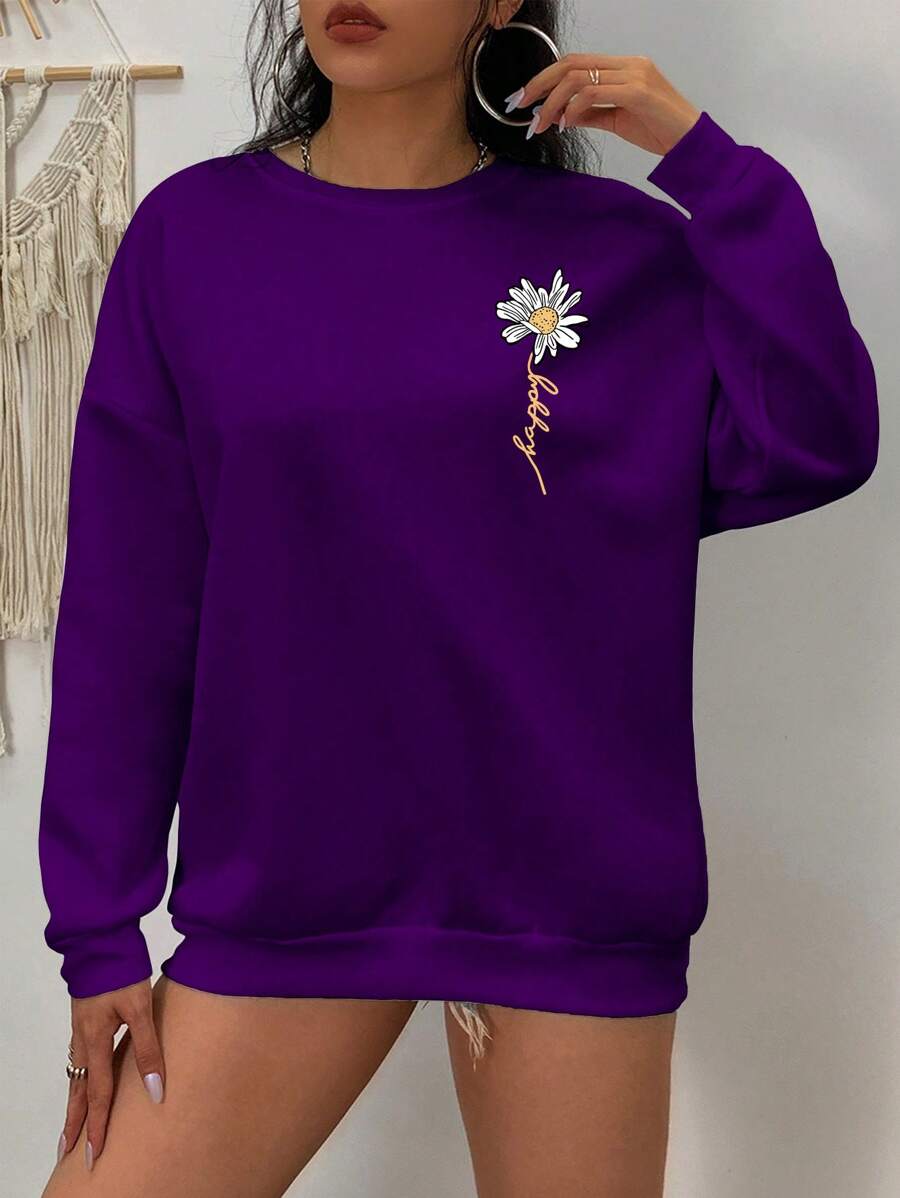 SHEIN EZwear Hơn Đồ họa hoa & chữ Thả vai Áo nỉ - Màu tím - Xem 1