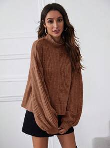 SHEIN Essnce Funnel Neck Lantern Sleeve Ribbed Knit Tee - Coffee Brown - View 5