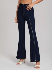 Latasha V Henderson 设计师品牌女式高腰喇叭牛仔裤，秋季，适合秋冬季，假日 - 深色水洗藍 - 查看 4