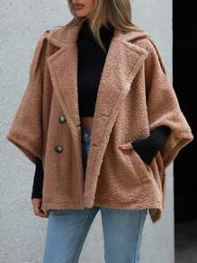 SHEIN LUNE 蝙蝠袖雙排釦絨毛外套 - 駝色 - 查看 6