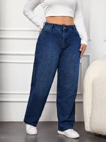 EURMUSE Plus Size Casual Straight Leg Jeans - Dark Wash - View 5