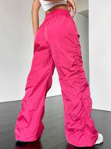 SHEIN Coolane 腰部抽繩褶邊降落傘褲 - 玫紅色 - 查看 2