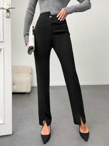 RueChic Asymmetrical Waist Side Split Straight Leg Pants - Black - View 1