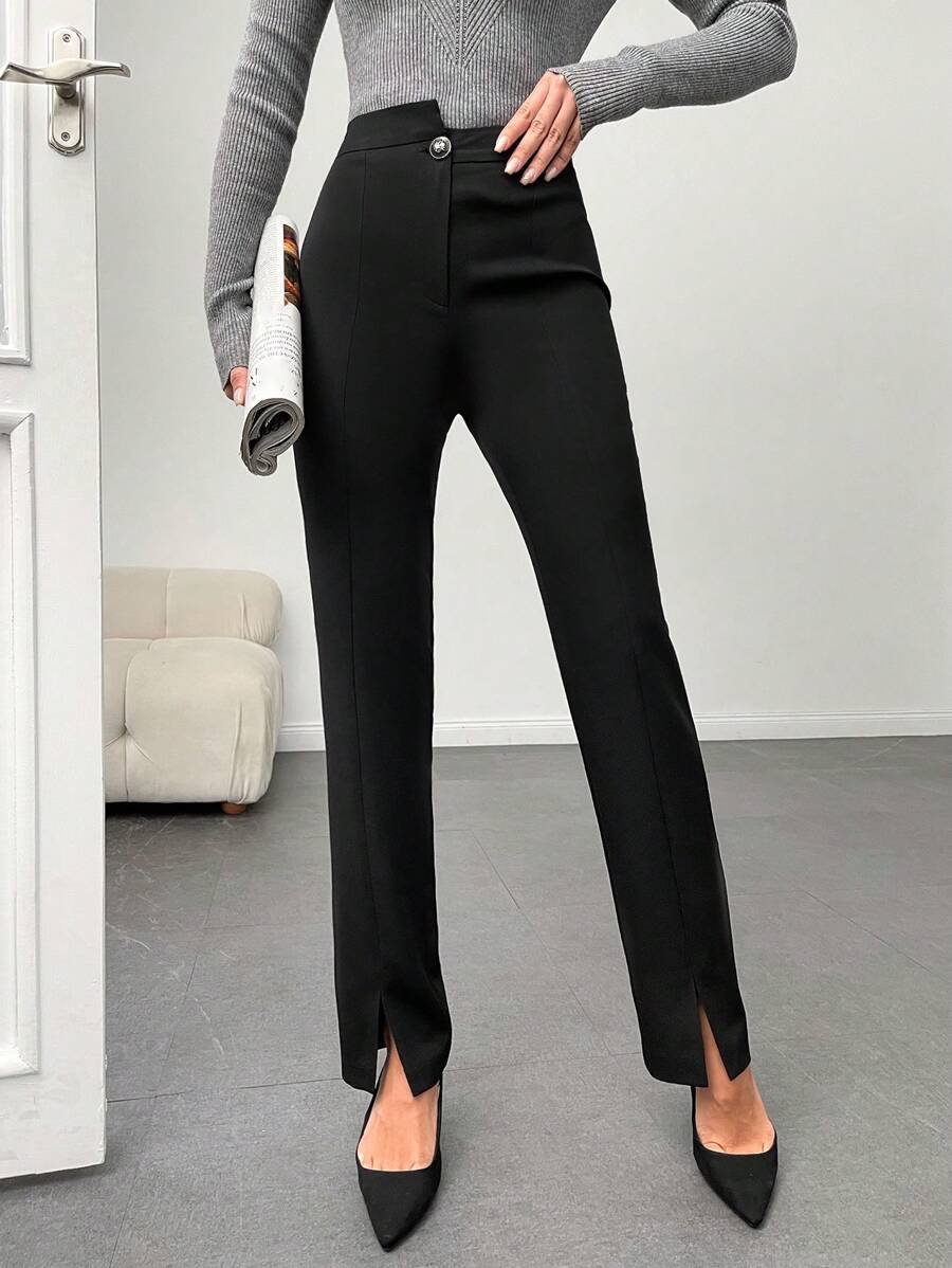 RueChic Asymmetrical Waist Side Split Straight Leg Pants - Black - View 1