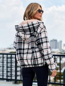 SHEIN Cottnline Plaid Print Drop Shoulder Fleece Lined Hooded Jacket - Black and White - View 4