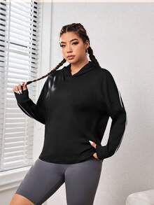 Easithlete Plus Contrast Tape Drop Shoulder Hooded Sports Sweatshirt - Black - View 4