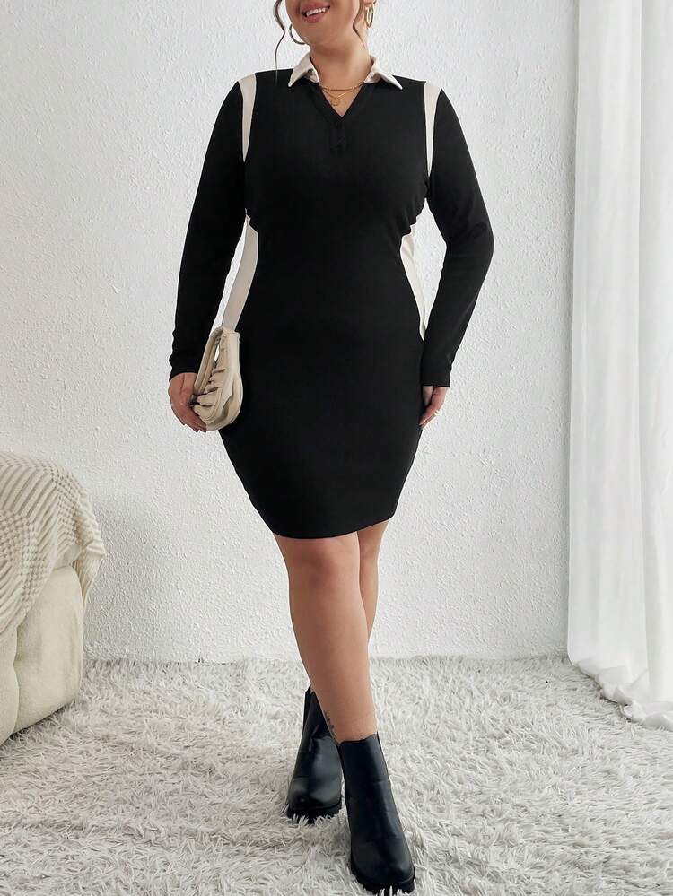 Plus Contrast Panel Quarter Zip Bodycon Dress