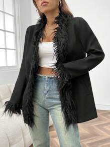 SHEIN EZwear Women's Trimmed Black Overcoat - Black - View 1