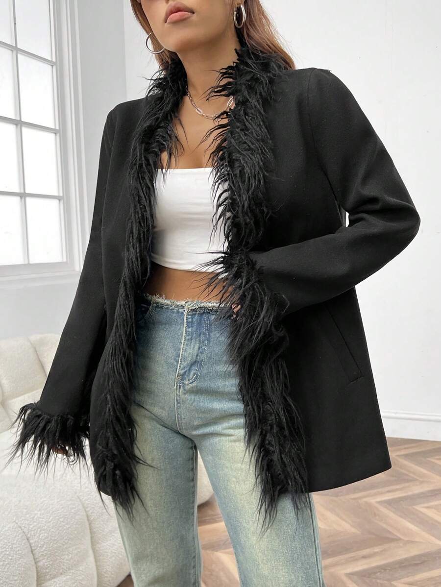 SHEIN EZwear Women's Trimmed Black Overcoat - Black - View 1