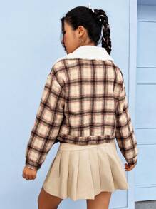 SHEIN EZwear 女款有領格子拼接毛呢夾克 - 粉色 - 查看 2