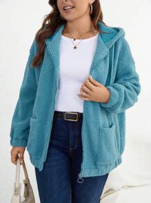 SHEIN LUNE 休閒拉鍊 口袋純色大碼外套 - 藍色 - 查看 5