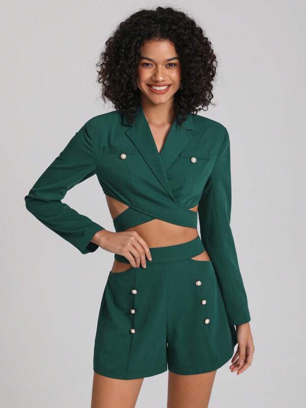 ILARIA ARGIOLAS Designer Crisscross Tie Back Crop Blazer & Cut Out Waist Shorts, Fall Women Business Casual Clothes, For Autumn, Holiday, Vacation, Office