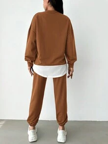 EURMUSE Drop Shoulder 2 In 1 Sweatshirt & Sweatpants - Camel - View 2