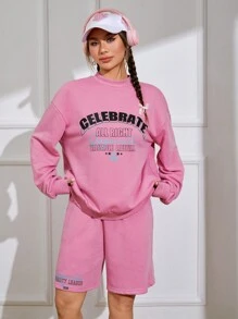 SHEIN EZwear 字母圖案落肩袖運動衫和短褲 - 粉色 - 查看 6
