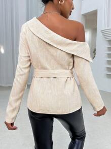 SHEIN Privé Blusa de cuello asimétrico con cinturón - Multicolor - Ver 2