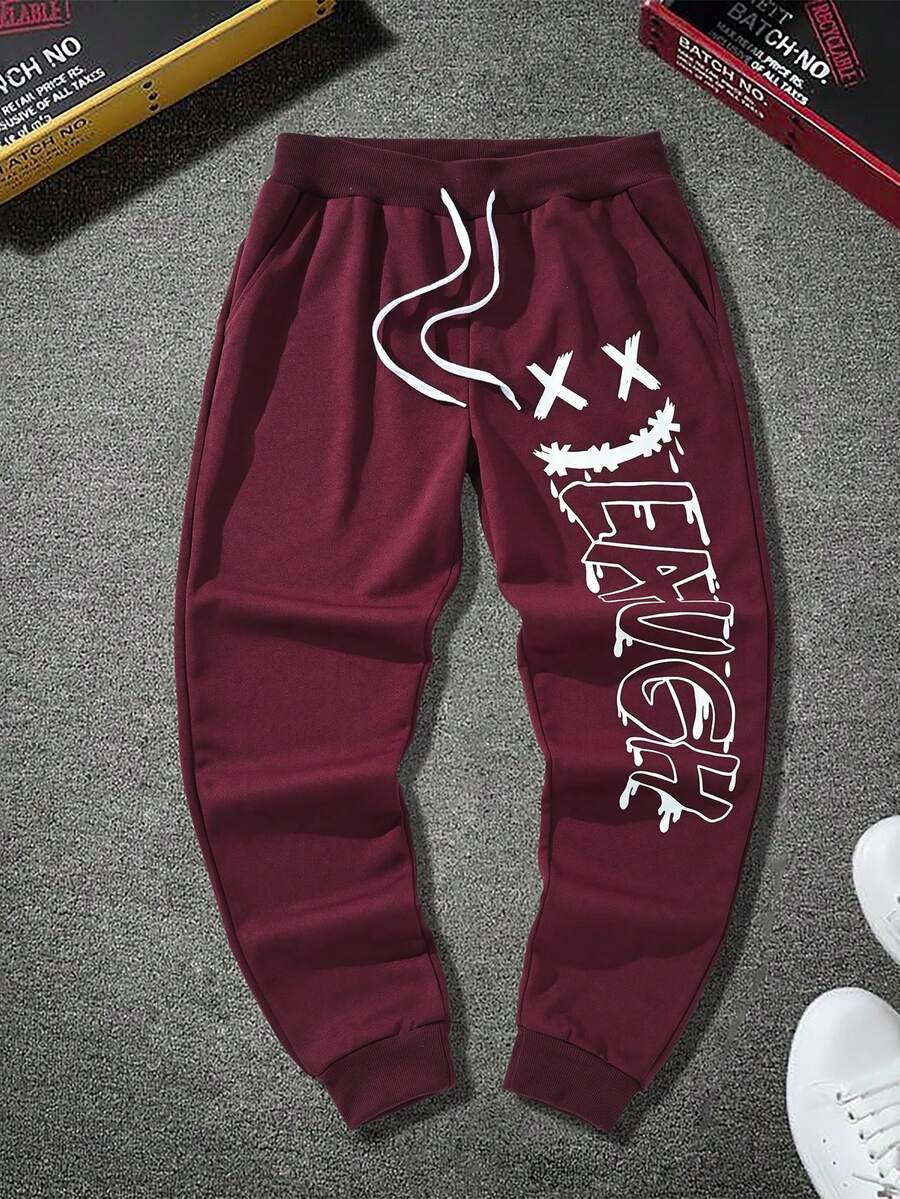 Manfinity Hypemode 寬鬆運動短褲男款,帶有有趣面部表情印花的束腰運動褲 - 紅色 - 查看 1