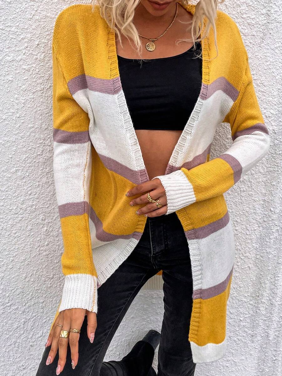 SHEIN LUNE Colorblock Drop Shoulder Cardigan - Yellow - View 1