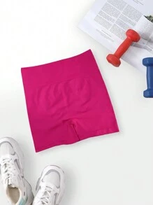 Yoga Basic 1條純色寬鬆腰帶運動短褲 - 玫紅色 - 查看 3