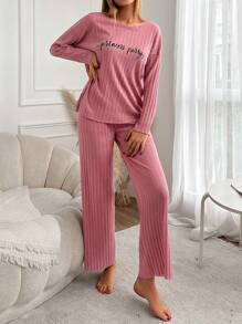 RueChic Letter Graphic Drop Shoulder Lounge Set - Pink - View 4