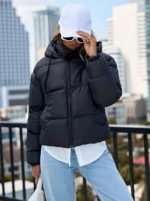 EURMUSE Zip Up Hooded Puffer Coat - Black - View 3