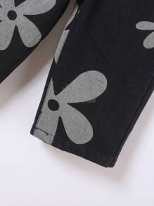 Baby Girls Cute Summer Holiday Floral Prints Paperback Waist Relax Wide Leg Jeans, Daily Fashion - Black - View 5