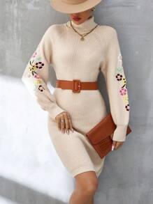 SHEIN Clasi 女款高領花朵刺繡毛衣洋裝 - 杏色 - 查看 1