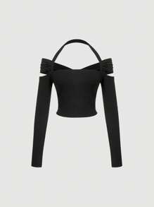 SHEIN MOD 女士中空露肩頸項連帽t恤 - 黑色 - 查看 1