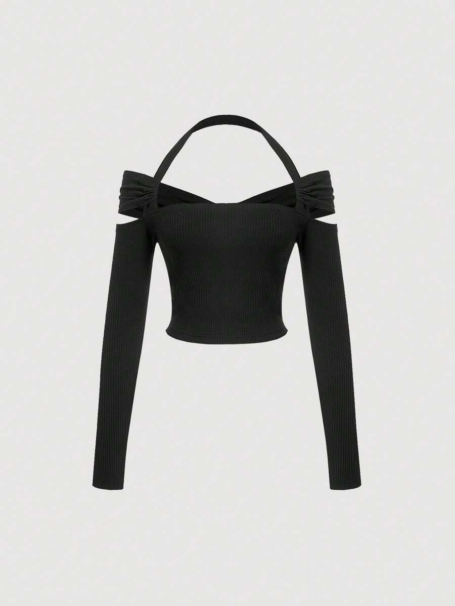 SHEIN MOD 女士中空露肩頸項連帽t恤 - 黑色 - 查看 1