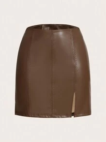 SHEIN Privé Split Hem PU Leather Skirt - Coffee Brown - View 1