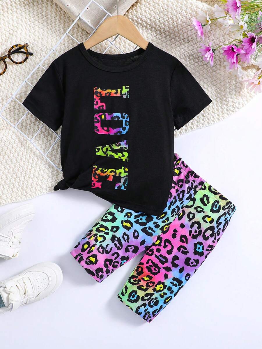 SHEIN Cô Gái Trẻ Đồ họa Chữ cái Áo thun & In hoa Báo Quần short đi xe - màu đen - Xem 1