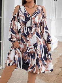 Celure 大碼滿版印花挖肩燈籠袖洋裝