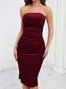 Firerie Ruched Velvet Tube Bodycon Dress - Burgundy - View 3