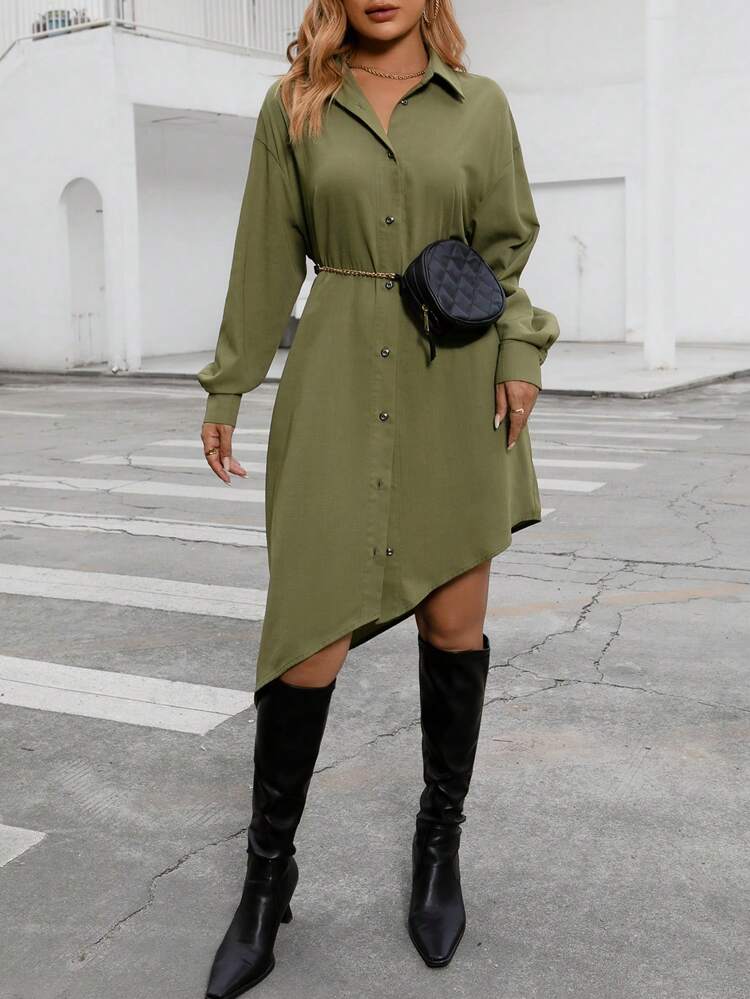 Drop Shoulder Asymmetrical Hem Shirt Dress Without Belt Bag