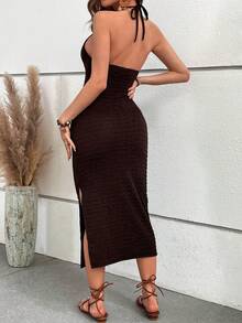 SHEIN VCAY 高衩繞頸露背洋裝 - 咖啡棕 - 查看 4