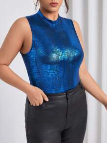 SHEIN Privé 大碼鱷魚壓紋小高領連身背心 - 藍色 - 查看 4