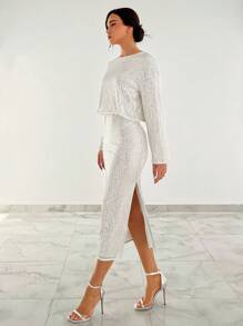 Aloruh 亮片短款上衣&高衩半身裙 - 銀色 - 查看 3