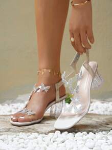 Modische Frauen Sandaletten mit Schmetterling Strass- und Kristalldekor, Plateau-Absatz und quadratischer Zehenpartie, Knöchelriemen, elegante und wunderschöne High-Heel Schuhe für Sommer-Partys und Valentinstag