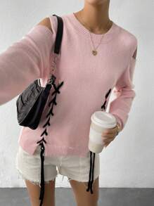 Flirla Cold Shoulder Lace Up Front Knit Pullover Fall Winter Sweater - Baby Pink - View 3