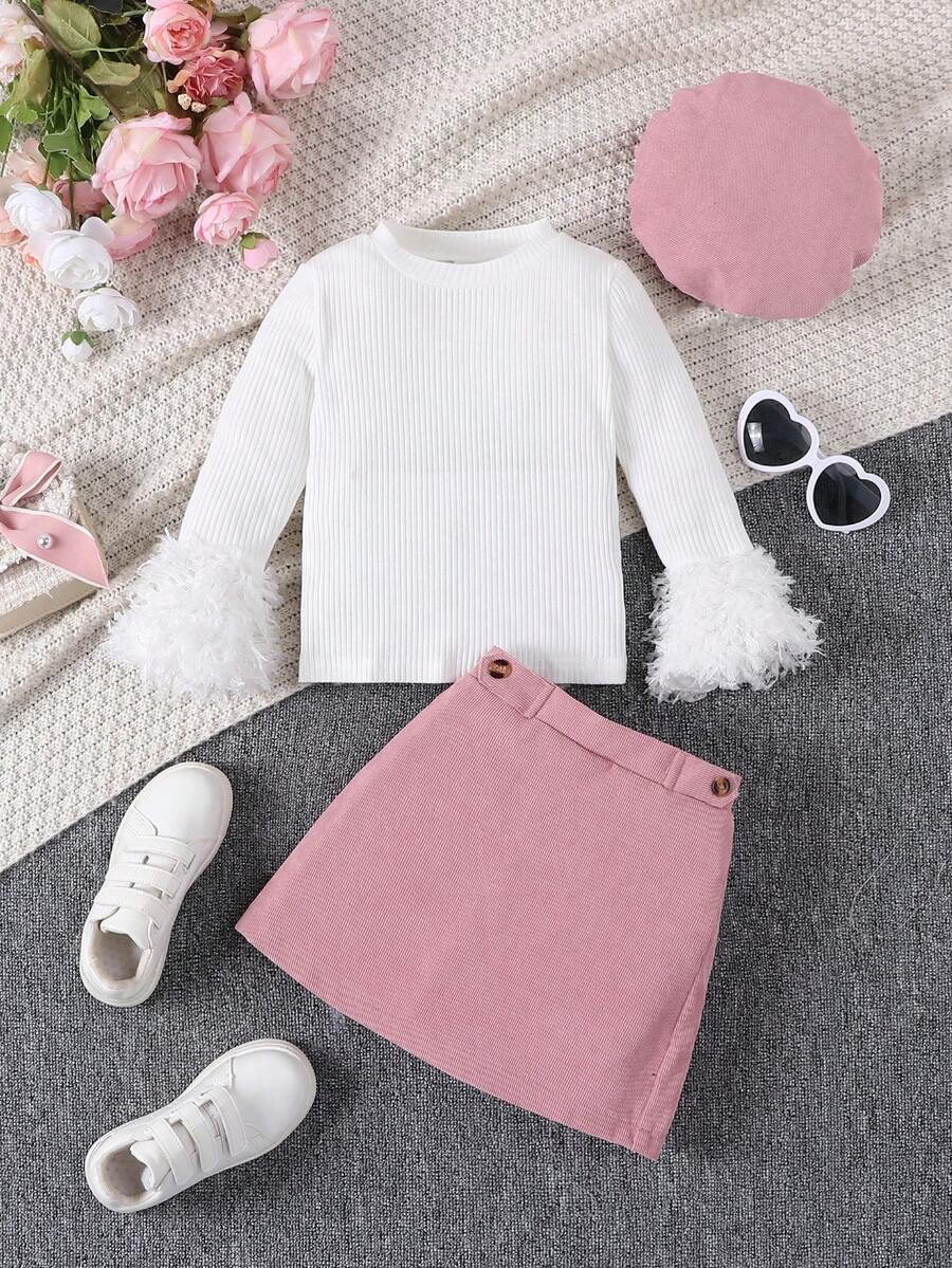 SHEIN 女小童毛茸茸袖口T恤和裙子&帽