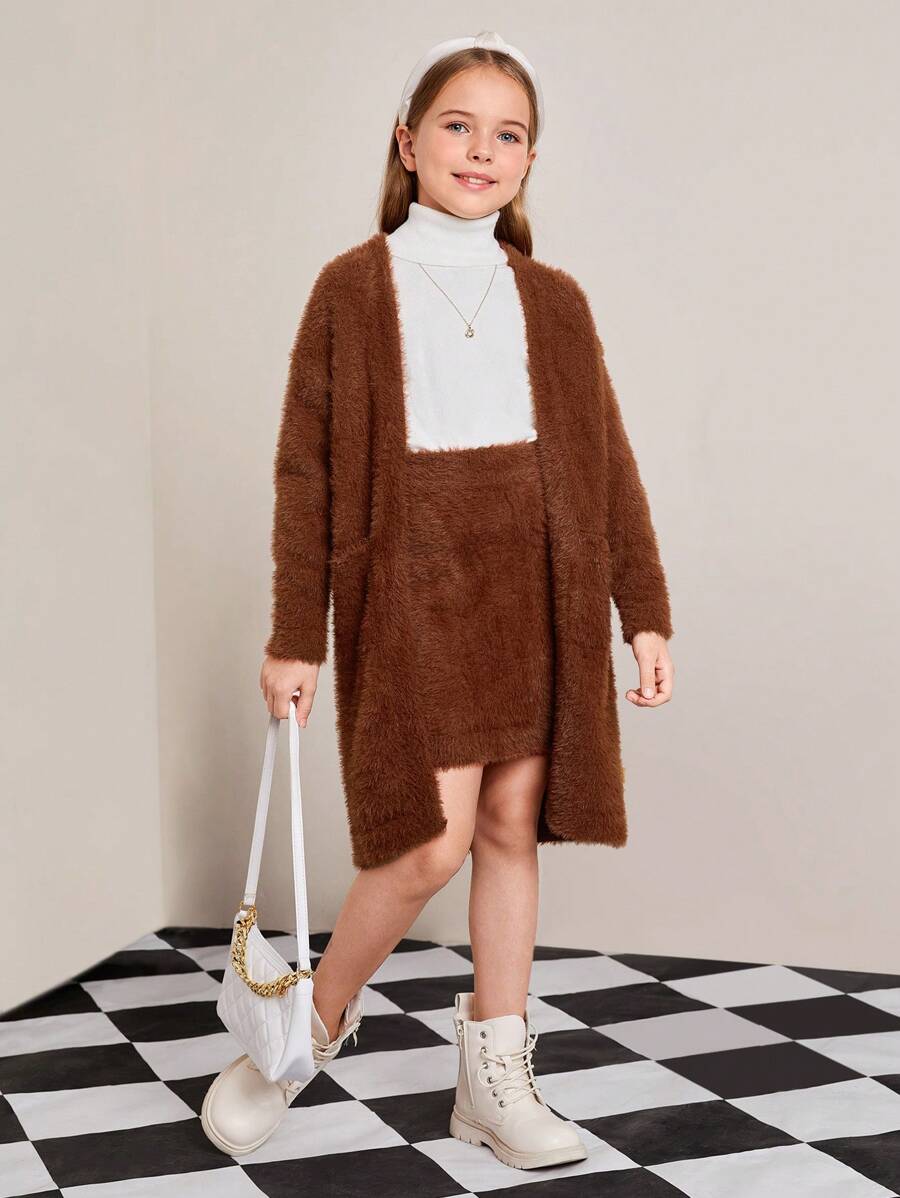 SHEIN 2pcs/set Teen Girls' Elegant Loose Fit Long Sleeve Cardigan And Skirt - Brown - View 1