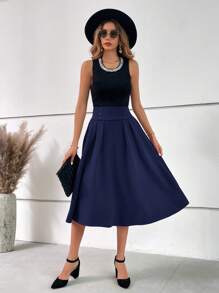 Ellevyn Button Detail Fold Pleated Detail Flare Skirt - Navy Blue - View 9