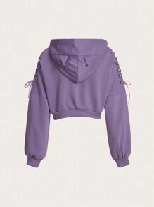 SHEIN EZwear 素色側邊綁帶落肩袖連帽衛衣 - 紫色 - 查看 2