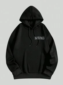 Nam Slogan & In Hình Dây rút Lót nhiệt Hoodie - màu đen - Xem 2