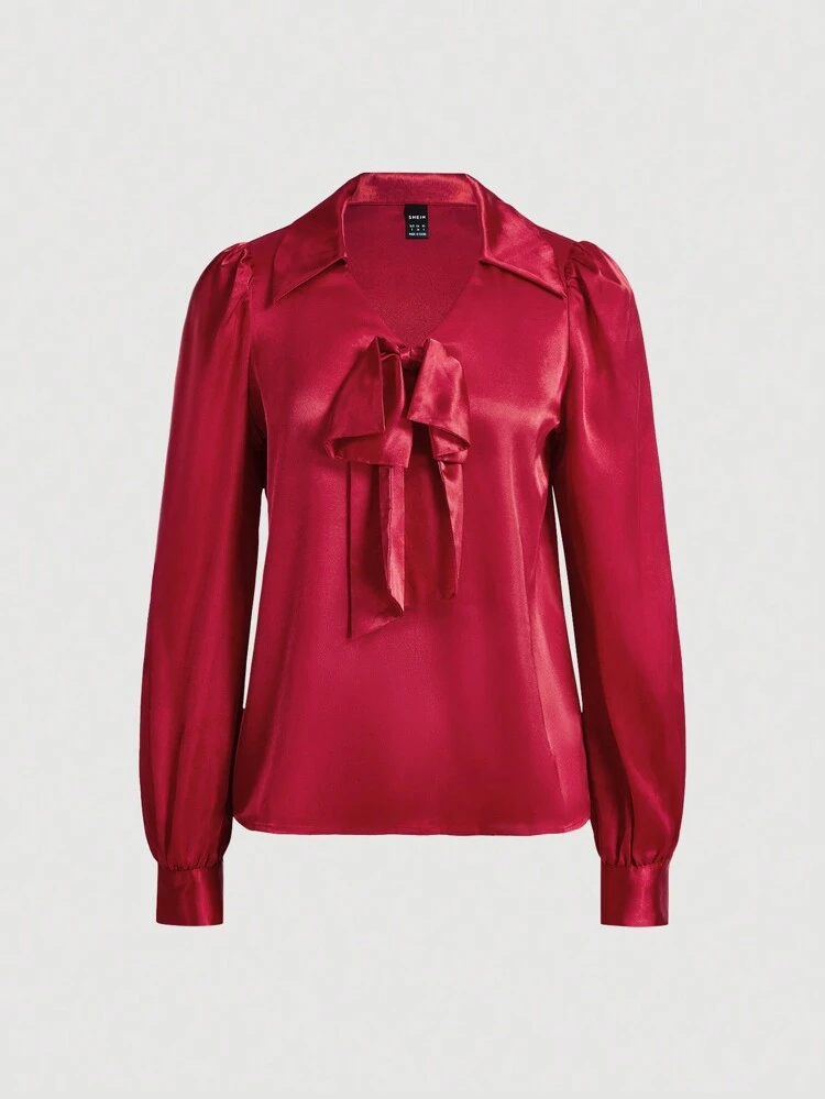 Solid Tie Front Satin Blouse